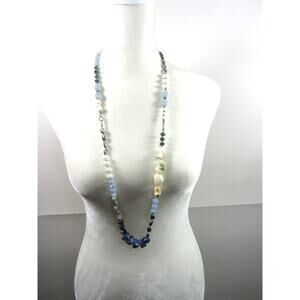 C 1946 Blue White‎ Bead Silver Tone Necklace 42" Boho Whimsigoth Cottagecore